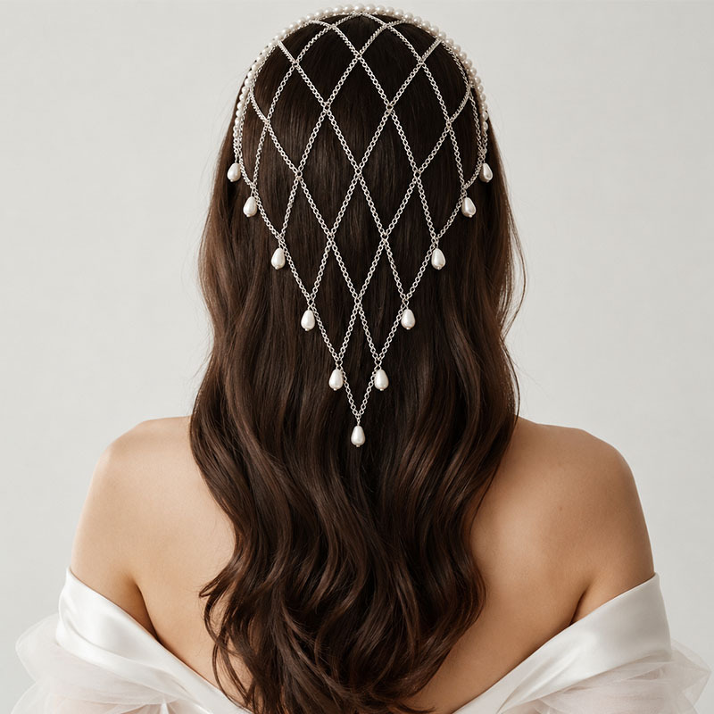 Beaded Trim Fringe - 이미테이션 진주 장식 메쉬 헤드넷 물방울